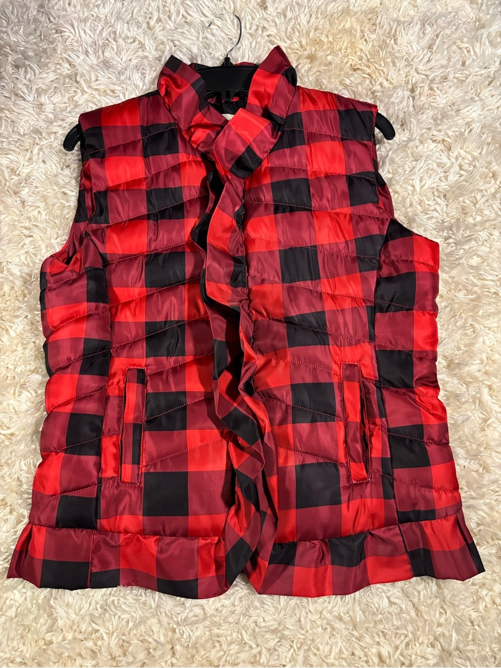 Charlie Paige Red and Black Buffalo Plaid Ruffled Vest-Medium